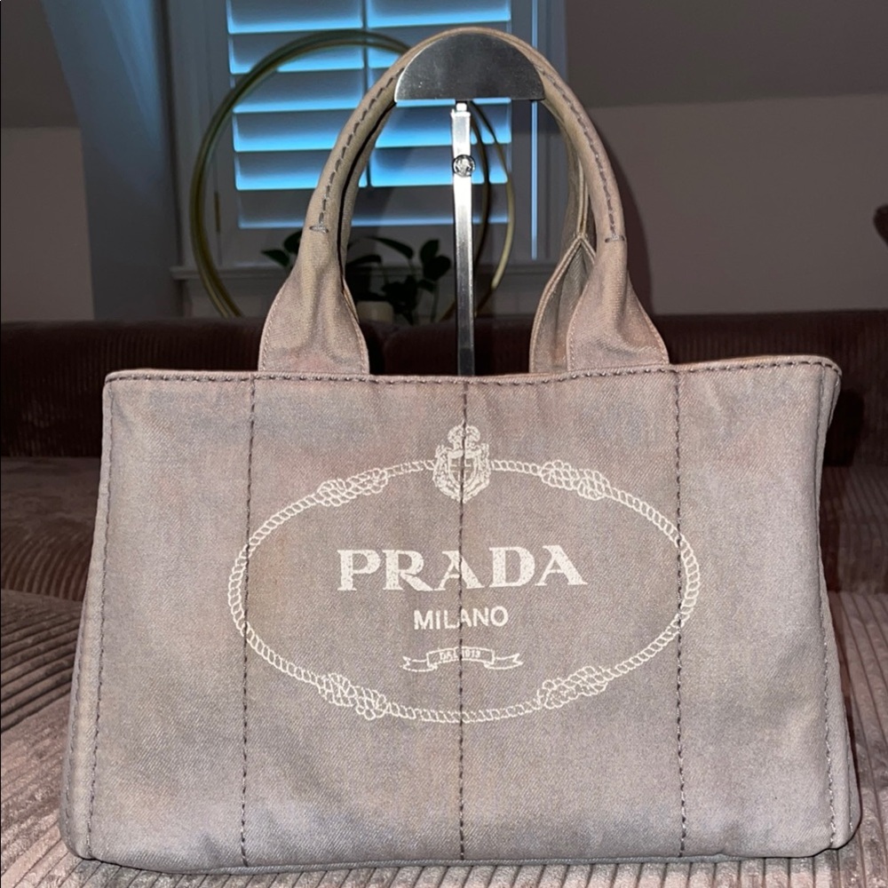 Prada Gray Totes Canvas Bag with Iconic Logo